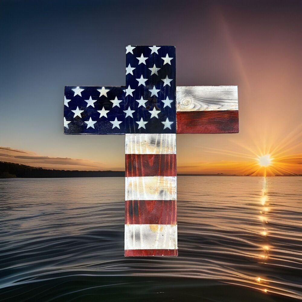 Cross/American Flag, handmade of distressed wood indoor/outdoor 23x19 Inches